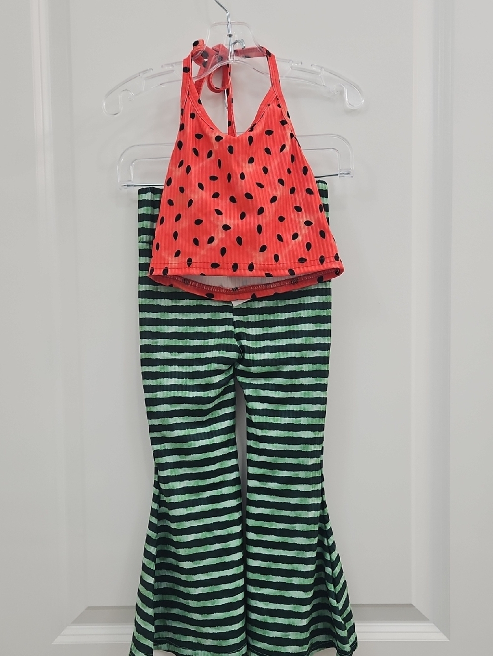 Source Unknown Coral Polka Halter Top and Green Stripe Flared Skirt Set